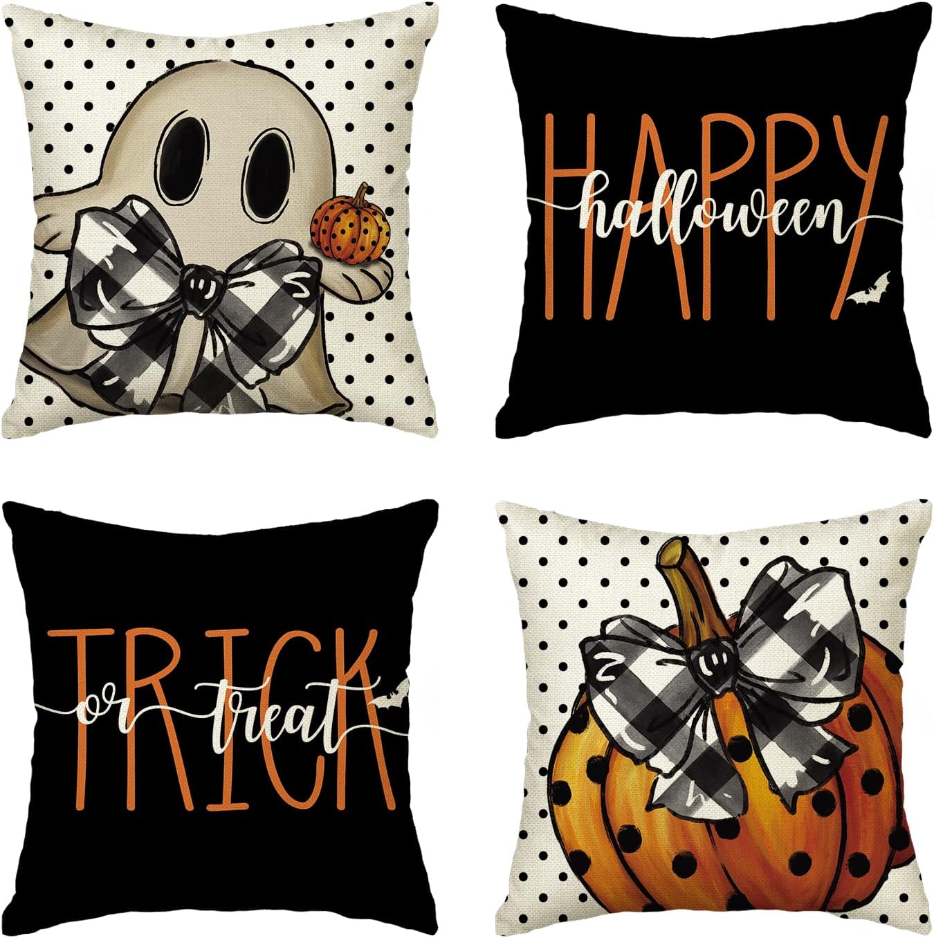 Set of 4 Halloween Throw Pillow Covers 20x20 Inch | Cute Ghost