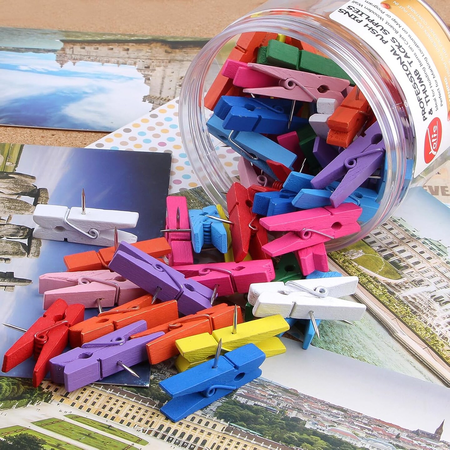 Wooden Push Pin Clips 50 Pcs, Pins Clips Creative Paper Clips with Pins for Cork Board and Photo Wall No Holes for The Paper