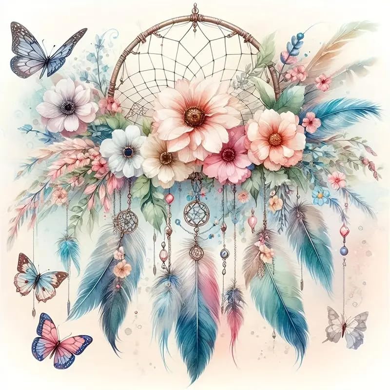 Diamond Art Painting Kits for Adults, Dreamcatcher 5D Diamond Painting Dots Art Kits for Adults Beginner, DIY Full Round Gem Crystal Art Paint by Diamond Butterfly, Home Wall Decor 14x 14 in