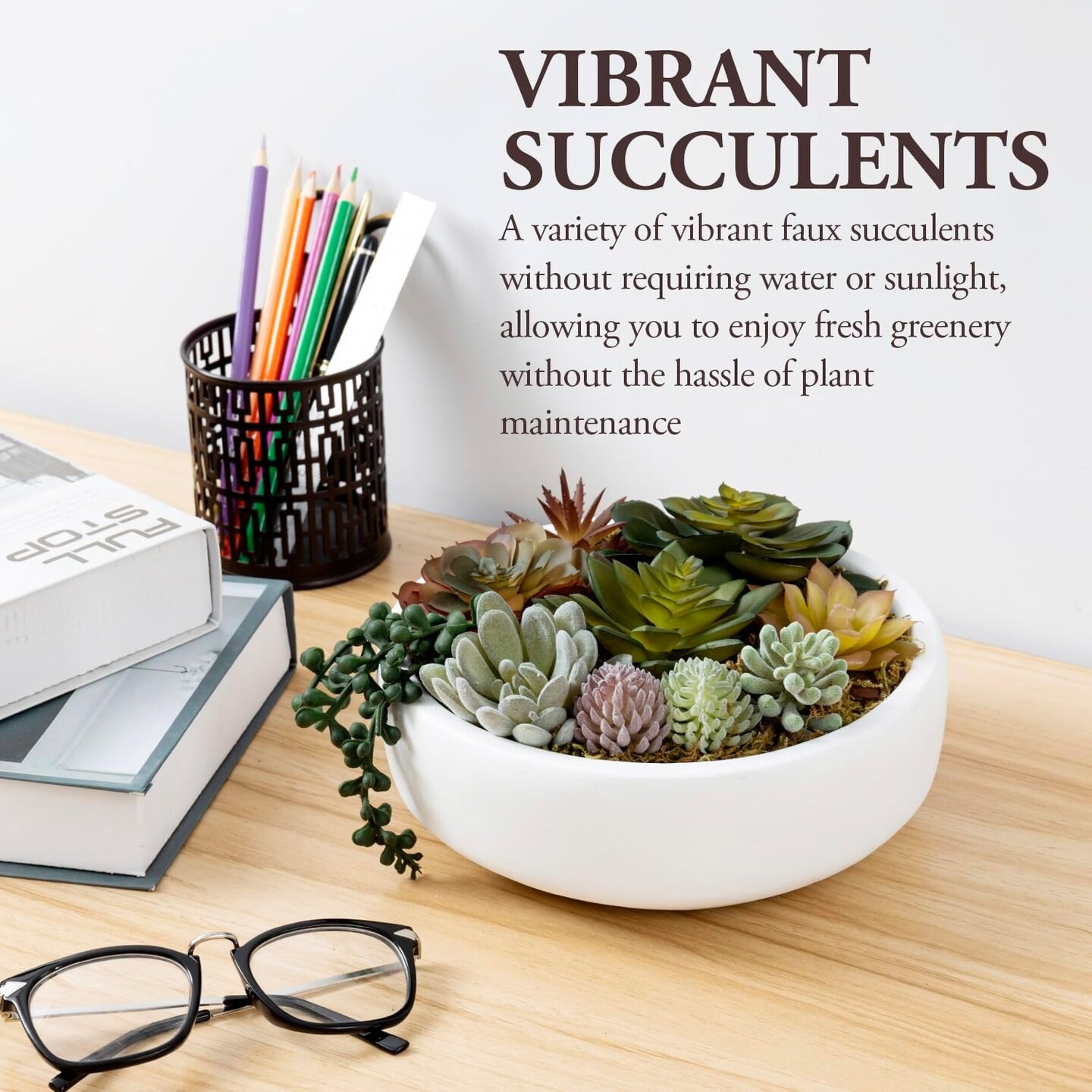 8 Inch Round Modern Artificial Succulent Arrangement Potted in White Concrete Plant Bowl, Assorted Faux Mini Succulents in a Decorative Planter Pot