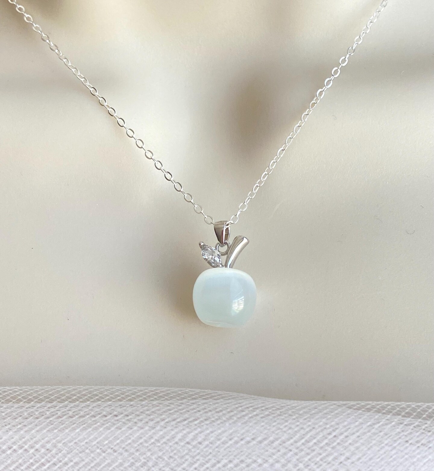Apple Pendant Necklace. 3D Cat's Eye Gemstone Apple Necklace