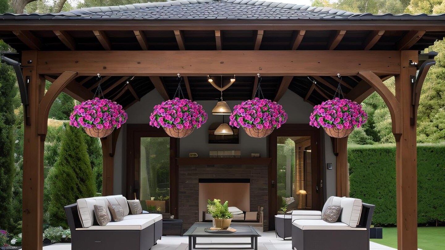Artificial Hanging Flowers with Basket, Faux Silk Petunias Spring Flower Arrangement