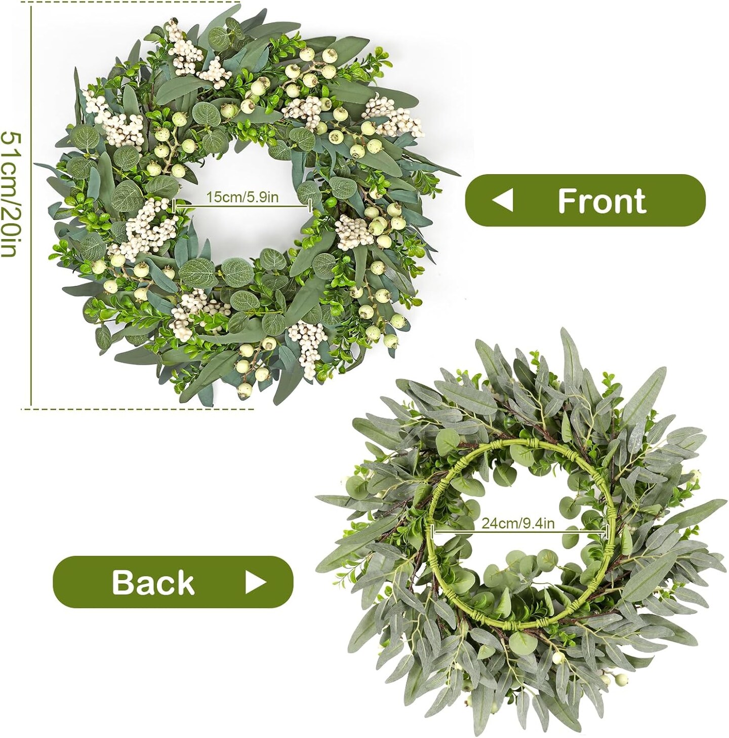 Green Eucalyptus Wreath for Front Door, 20 Inch Artificial Eucalyptus Leaves Wreath with Big Berries Boxwood Spring Greenery Wreath Decor