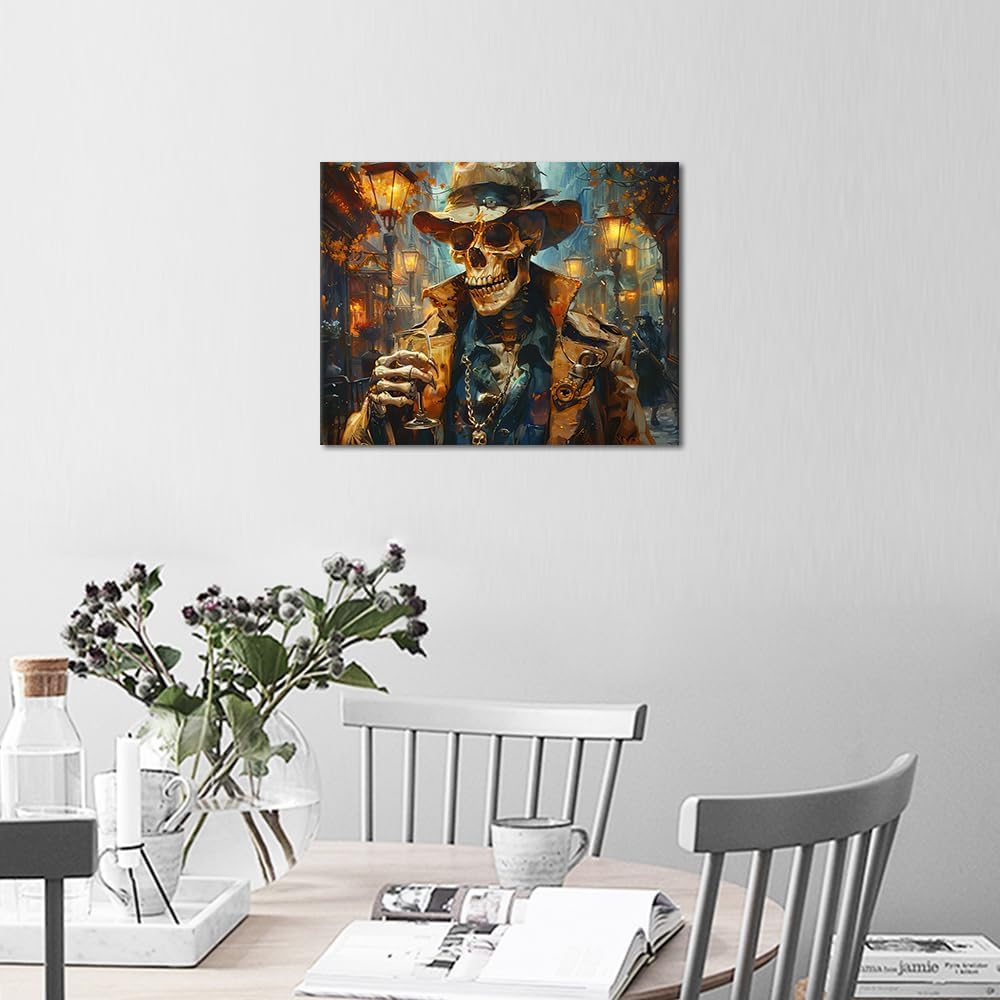Skull Paint by Number, Colorful Skeleton Detective Oil Painting for Adult with Brushes and Pigment, Skull Detective Paint by Numbers for Wall Decoration, 16x20 Inch, Frameless