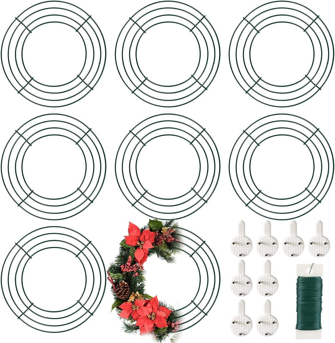 8 Pack Wire Wreath Frame 10 Inch Metal Wreath Form Wreath Ring for Crafts DIY Front Door Wreaths Christmas New Year Wreaths Valentines Wedding Garden Home Party Decoration with 38 Yard Paddle Wire