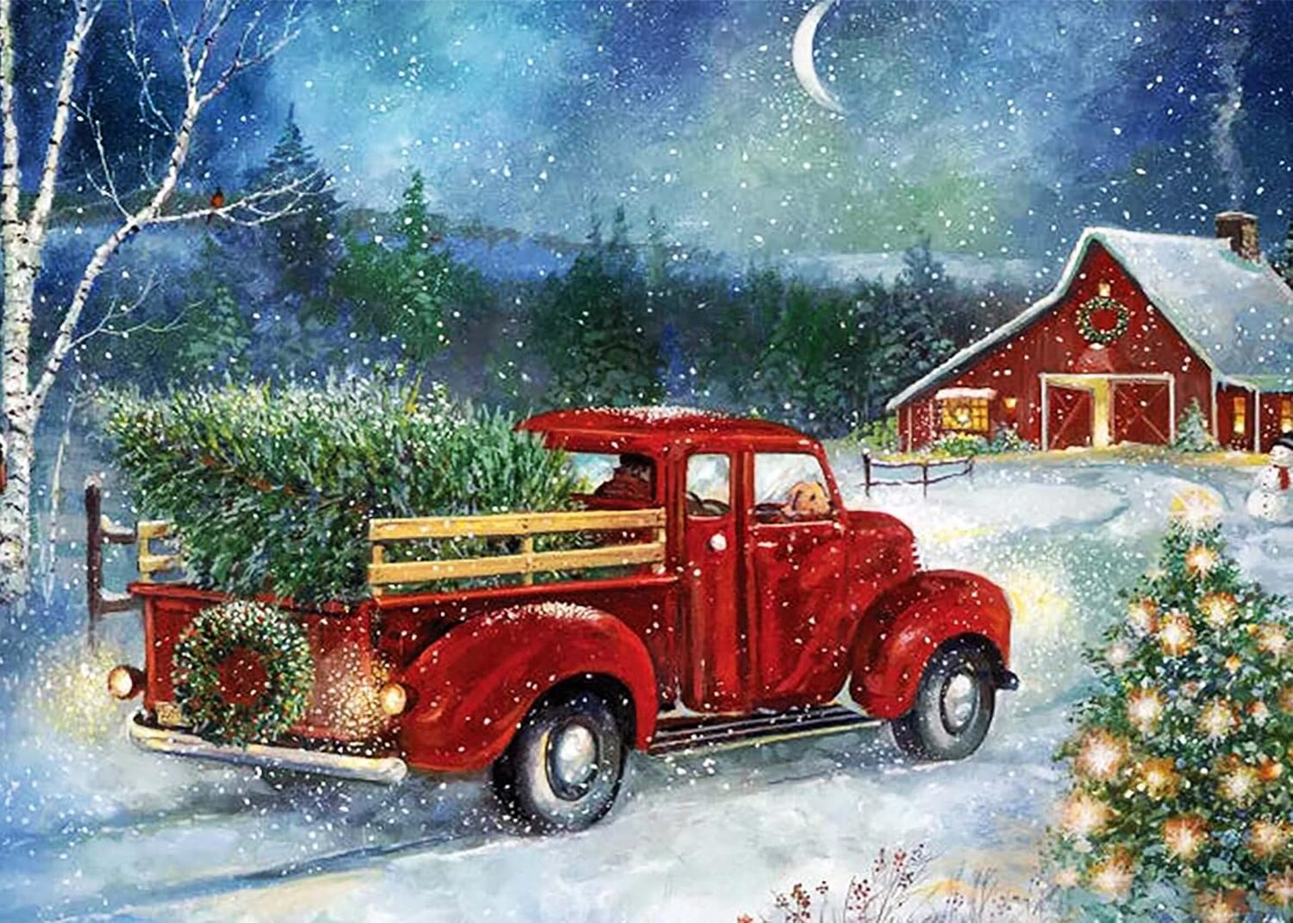 Christmas Diamond Painting Kit for Adults – Winter Red Truck 5D Full Drill DIY Diamond Art, Snowy Night Wall Decor, Parent-Child Interactive Craft (Christmas-1) 12x16 inch