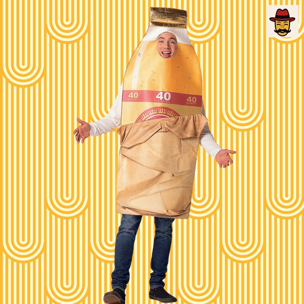 Bottle in Brown Bag Costume Funny Beverage Foam Tunic Photo Print Adult Halloween Party Outfit