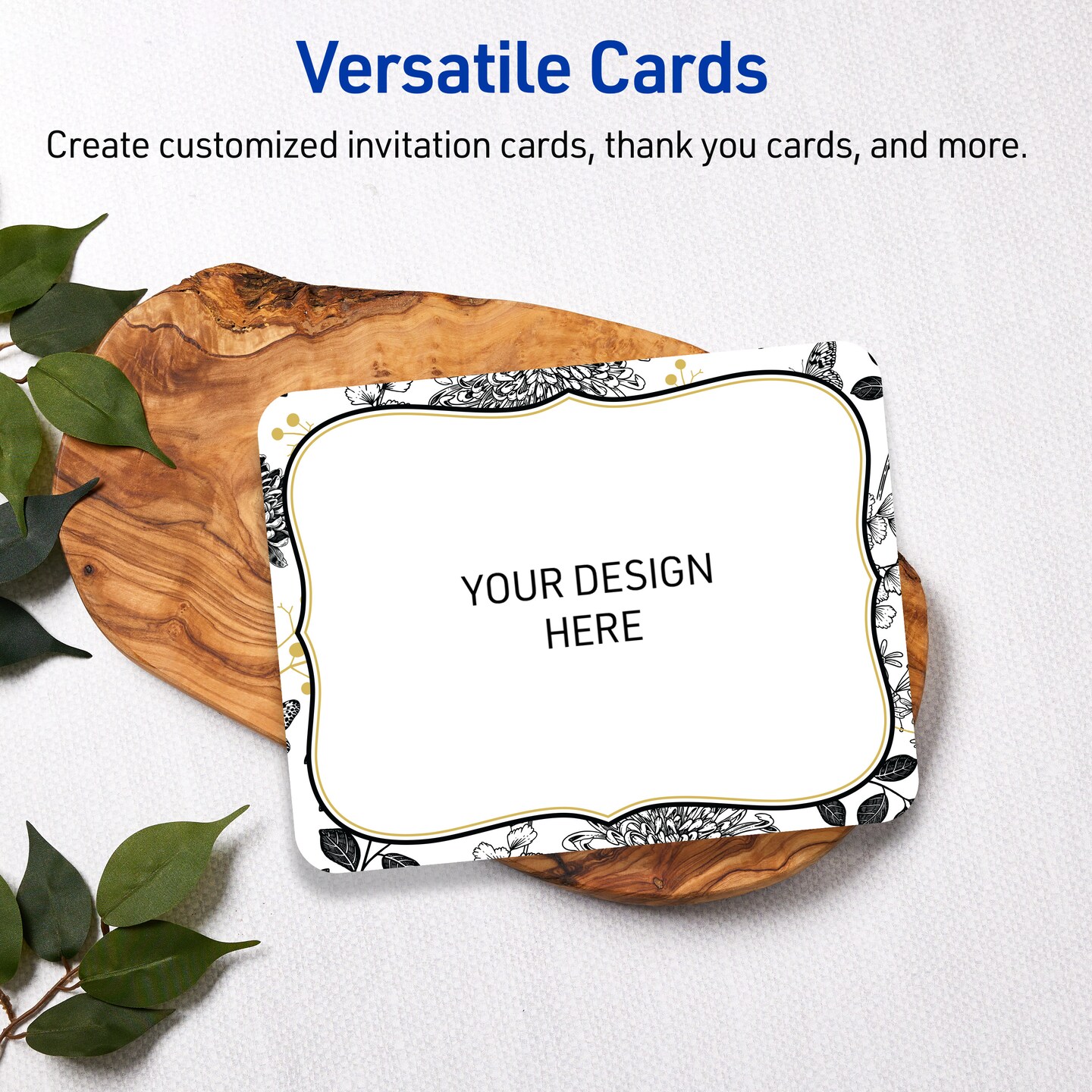 Avery Printable Rectangle Rounded Corner Postcards with Sure Feed Technology, 4.25" x 5.5", Pre-printed Flourished Gold & Black Florals Design, Matte White, Laser & Inkjet Compatible, 20 Total