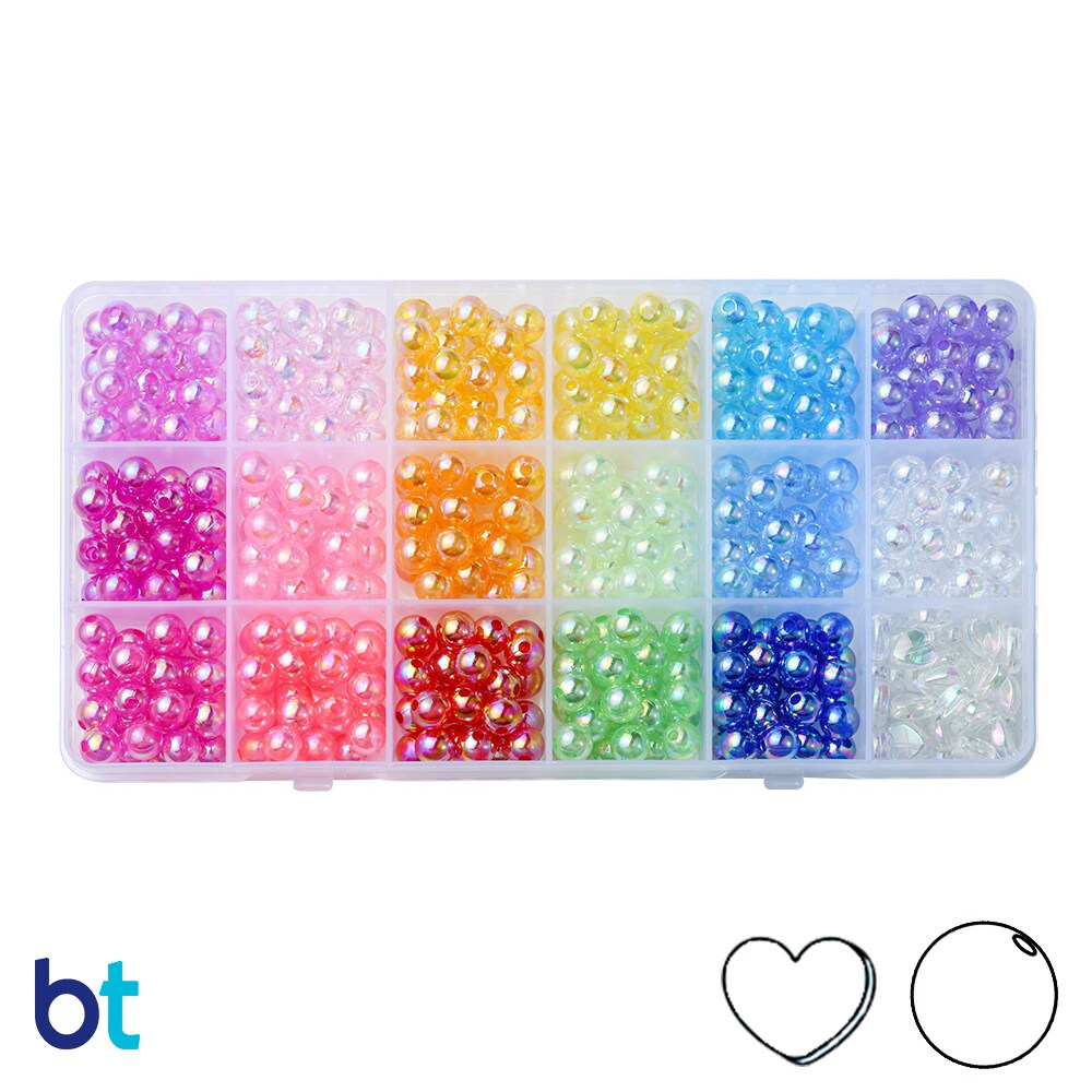 BeadTin Transparent AB 8mm Round Plastic Beads (Box/18 Styles)