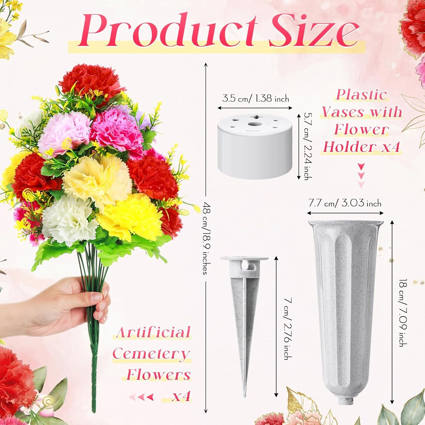 4 Sets Easter Cemetery Flowers – Artificial Memorial Day Carnation Bouquets with Vase for Grave and Headstone Decorations (Red, Pink, Yellow)