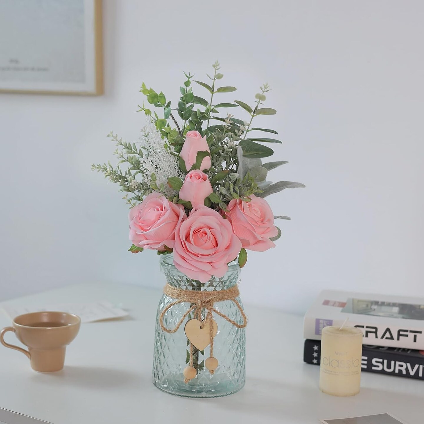 Spring Table Top Decor – Faux Flowers in Vase, Artificial Silk Roses & Eucalyptus Arrangement for Home, Office, Farmhouse, Dining Table & Coffee Table Decorations (Pink)