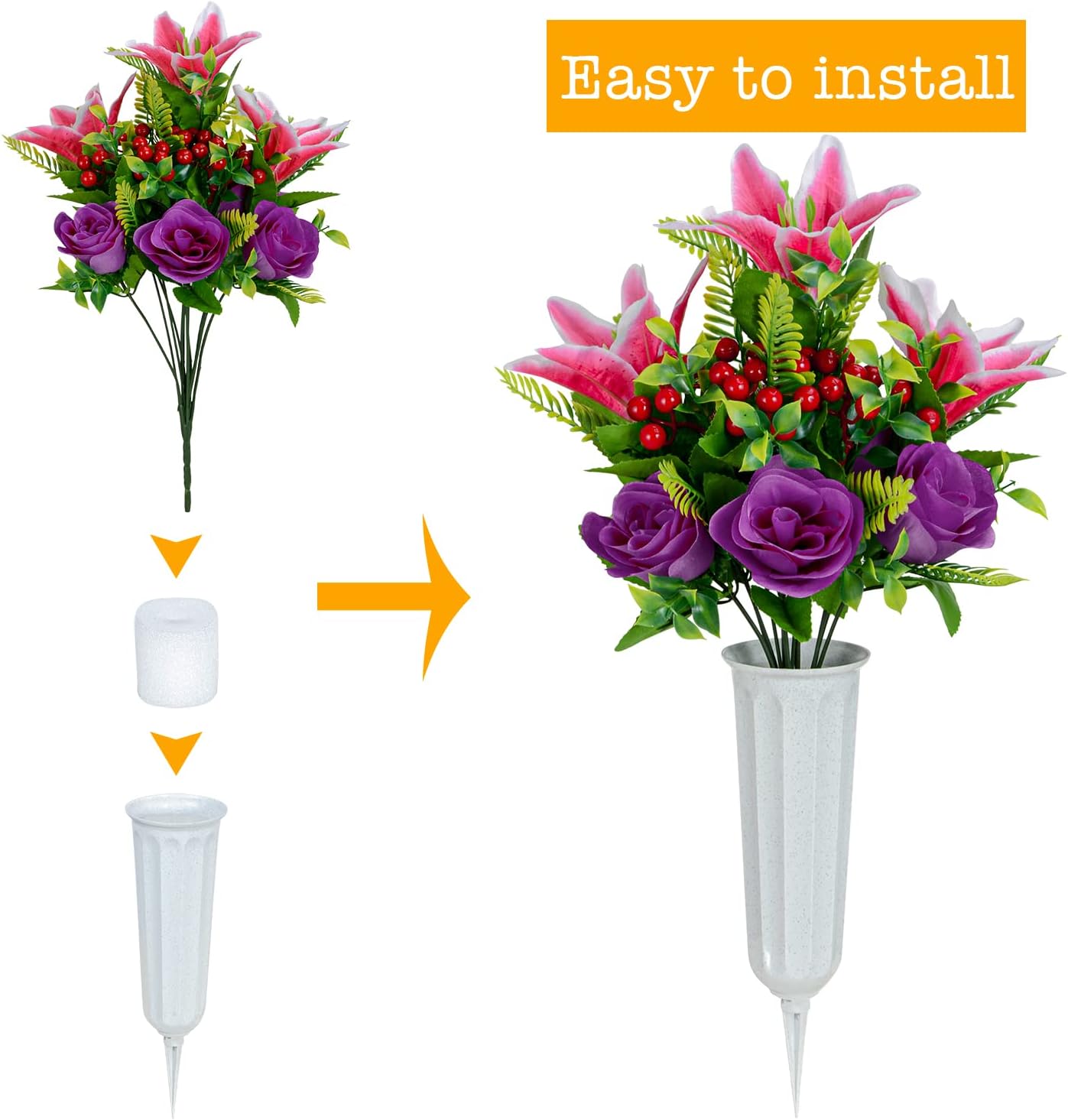 Artificial Cemetery & Memorial Flowers with Vase – Pink Lily & Purple Rose Gravesite Bouquet, Outdoor Headstone Decoration, Long-Lasting Memorial Flowers (2 Sets)