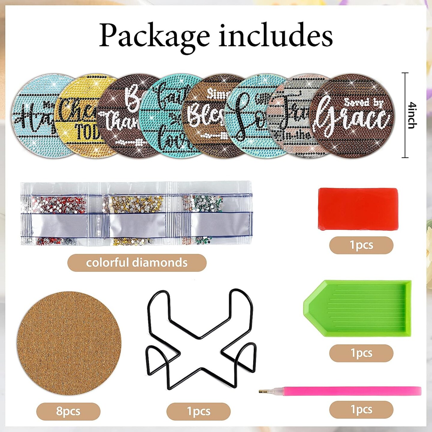8 PCS Christian Bible Verse Diamond Art Coasters Diamond Art Coasters Kits with Holder Bible Verse DIY Farmhouse Coasters Christian for Beginners, Adults, Kids, Diamond Art Crafts Supplies