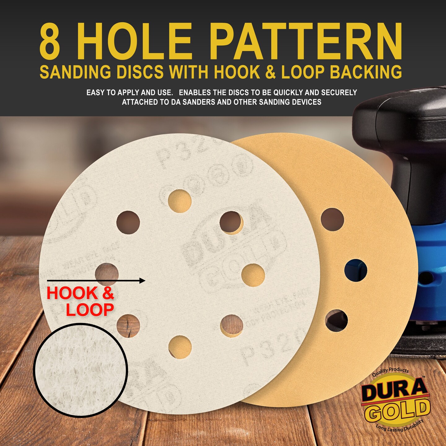 320 Grit - 5" Gold DA Sanding Discs - 8-Hole Pattern Hook and Loop - Box of 50