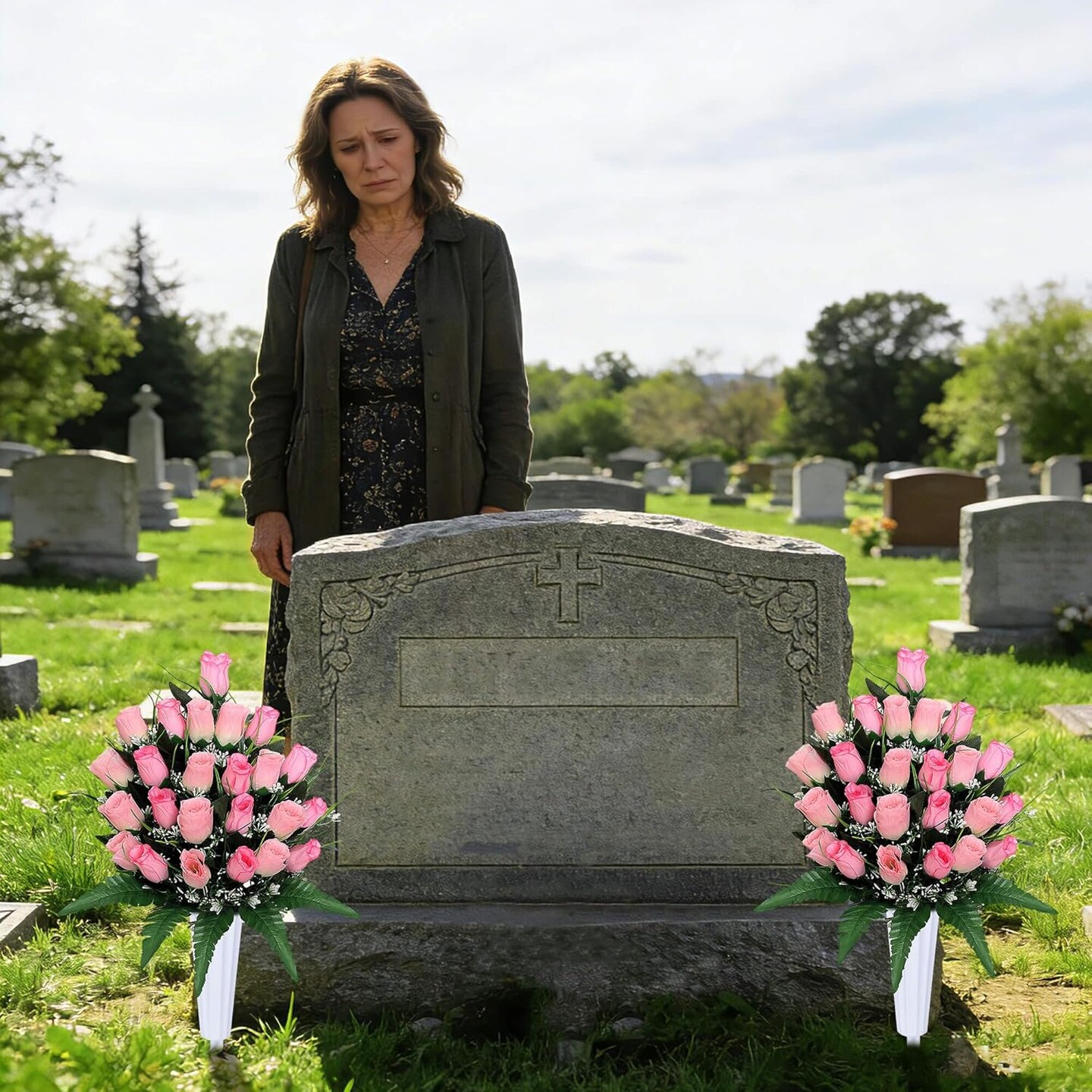 2 Sets Artificial Cemetery Flowers with Vases – Pink Memorial Rose Bouquets for Outdoor Grave Decorations
