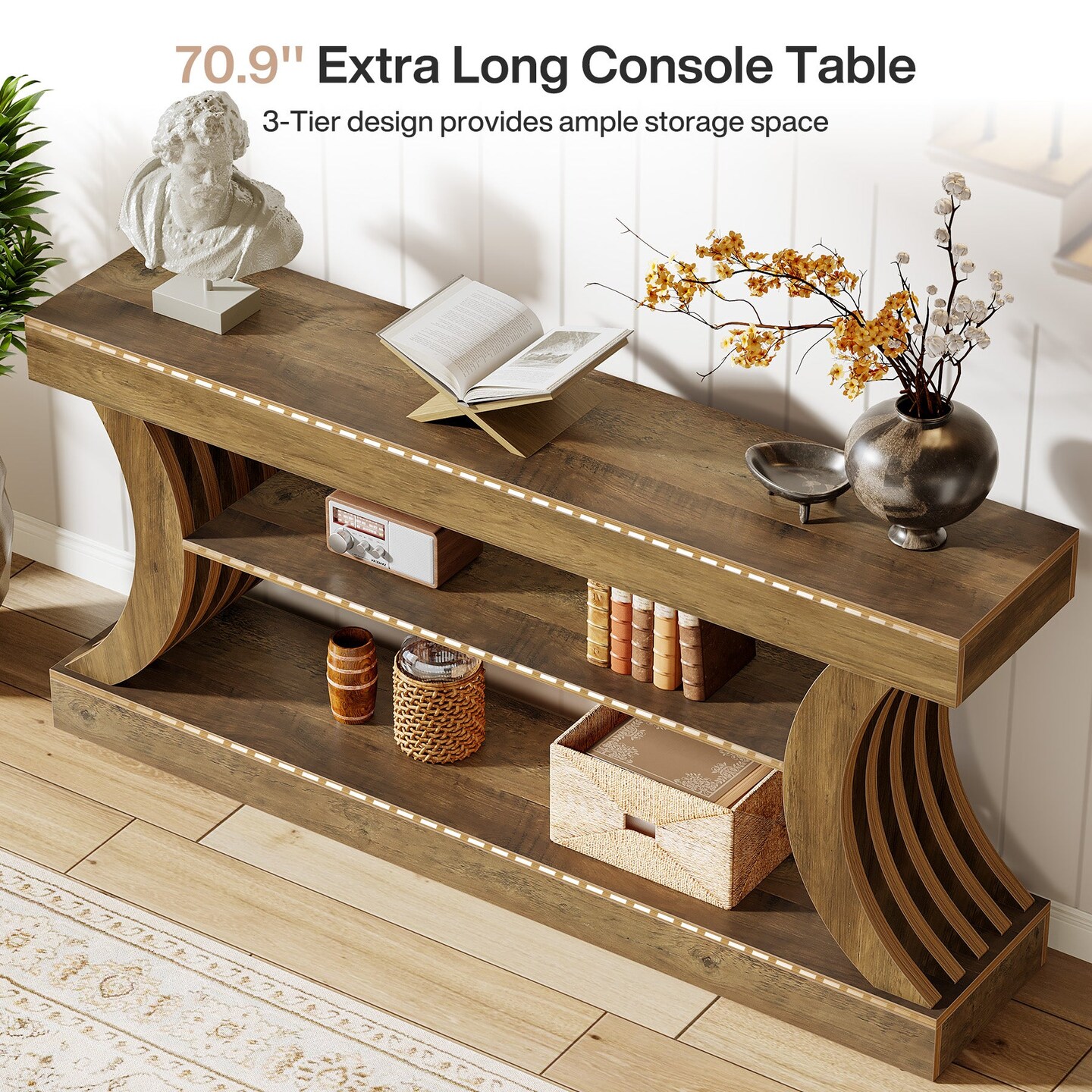 70.9" Entryway Console Table with 3-Tier Shelves Sofa Table Behind Sofa
