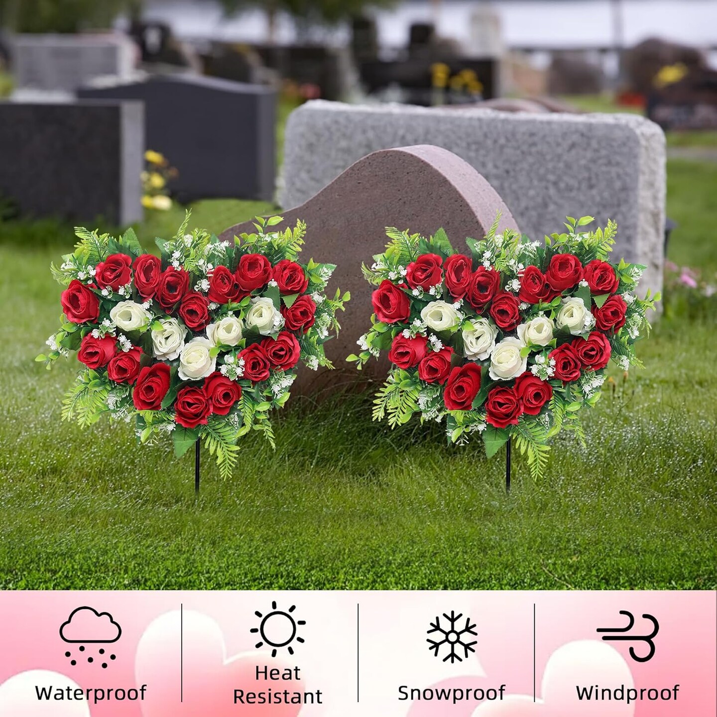 Artificial Cemetery & Memorial Flowers – Red Silk Rose Heart-Shaped Wreaths with Ground Spike, Grave Memorial Decoration for Headstones and Gravesites (2 Sets)
