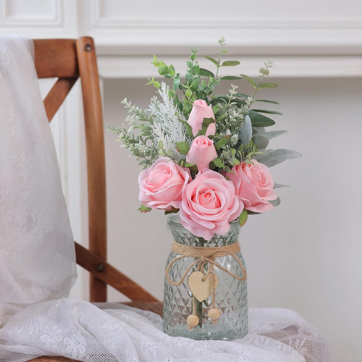 Spring Table Top Decor – Faux Flowers in Vase, Artificial Silk Roses & Eucalyptus Arrangement for Home, Office, Farmhouse, Dining Table & Coffee Table Decorations (Pink)