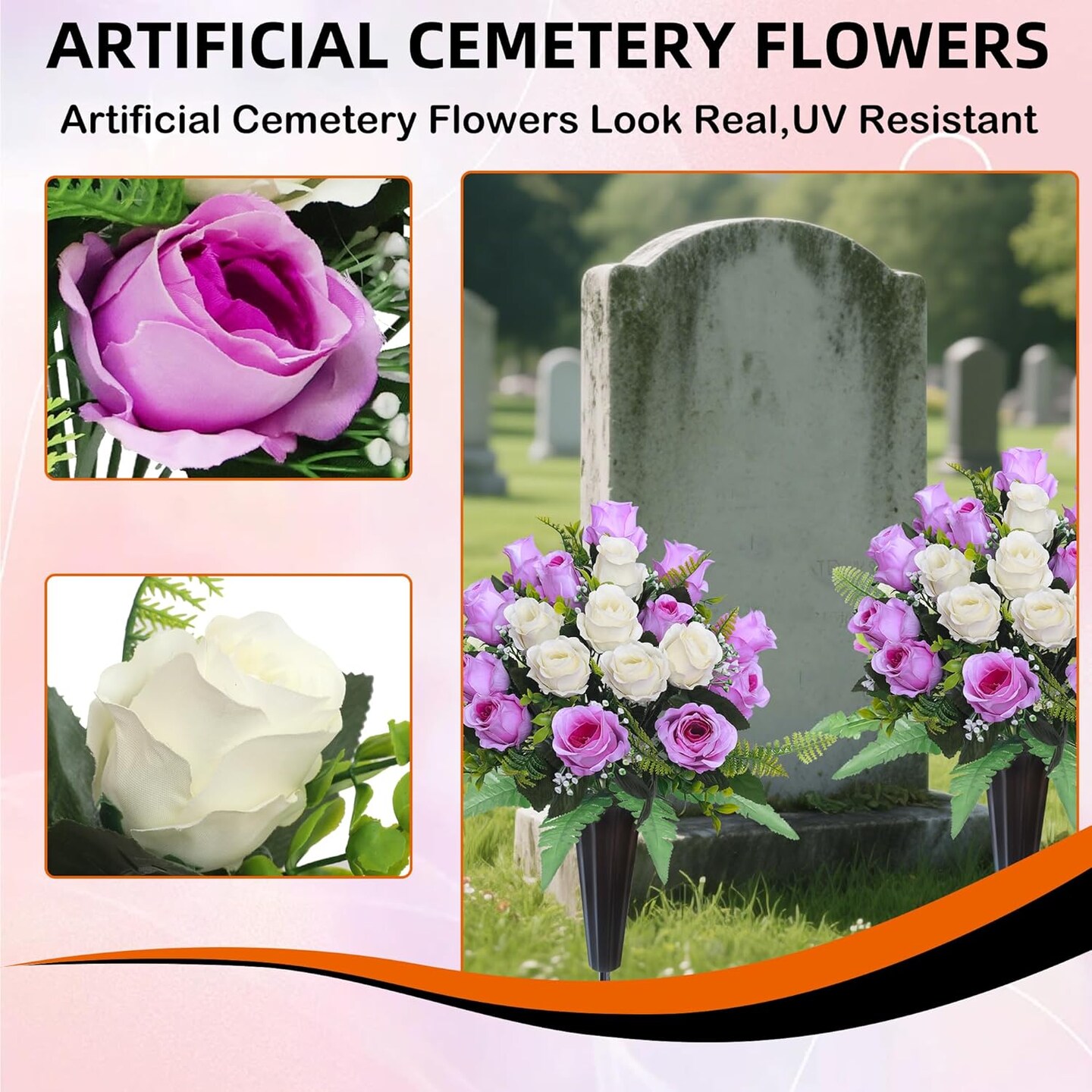 2 Sets Artificial Cemetery Flowers for Grave – Realistic Silk Rose Bouquets with Vase for Headstone and Tombstone Decorations (Purple & White)