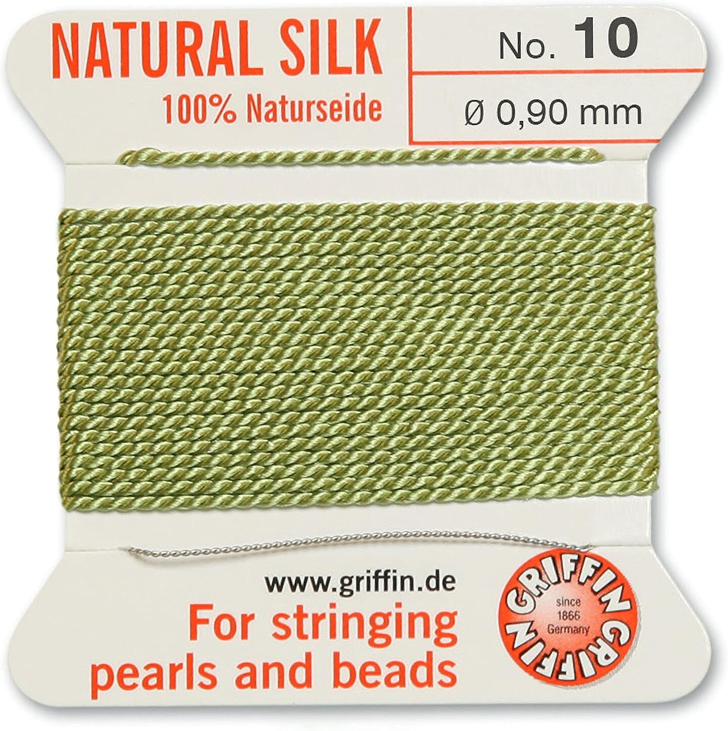 Griffin Silk Bead Cord Perlseide – Size 10 (0.90mm) – 2 Meters per Card – Stainless Steel Needle Attached – for Knotting Pearls, Gemstones, Crystals and Beads