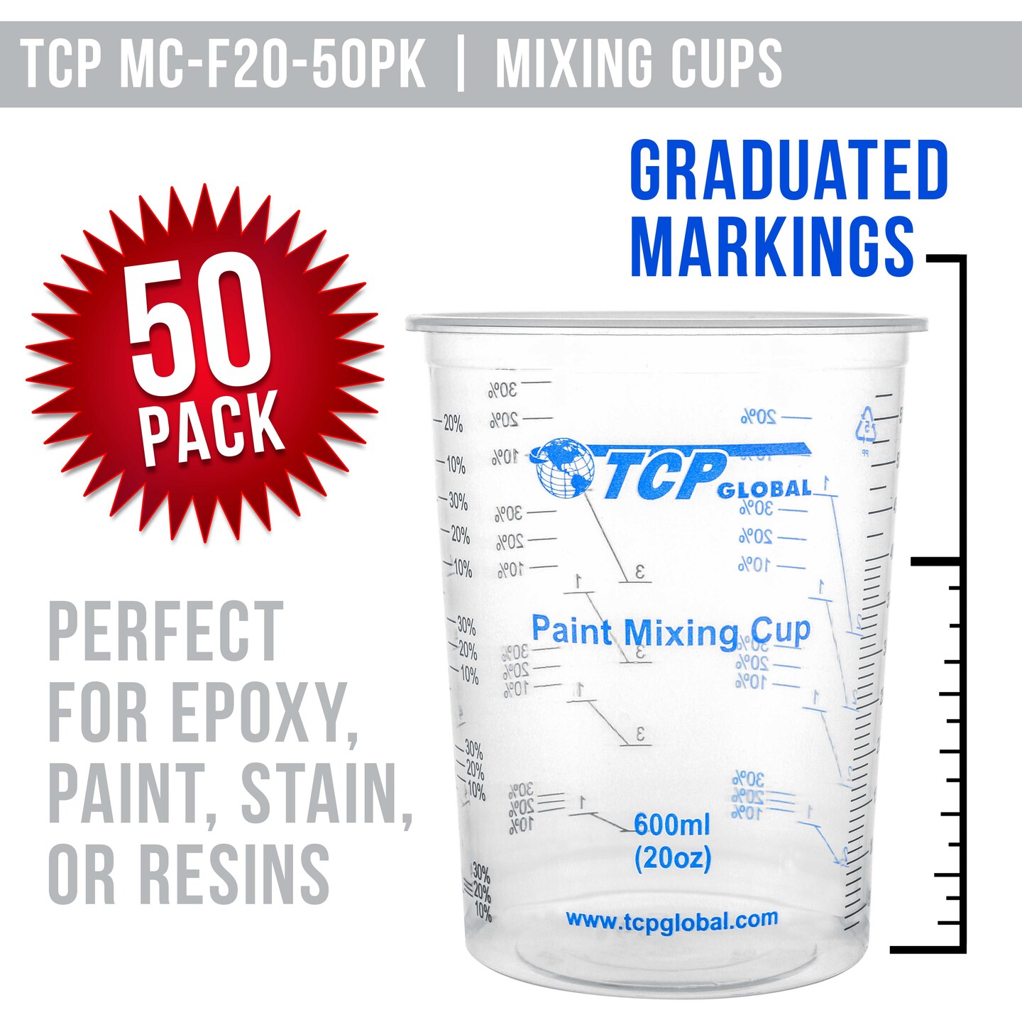 20 oz. (600ml) Graduated Plastic Mixing Cups - Box of 50 with 50 Mixing Sticks - Disposable Plastic Measuring Cups for Liquids, Paints, Resin, Epoxy, Art, Kitchen - Ratios 2-1, 3-1, 4-1 ML