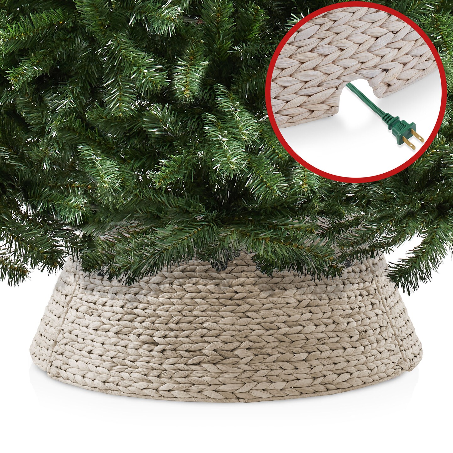 Casafield Christmas Tree Collar, Woven Water Hyacinth Tree Base Cover with Cord Cut Out