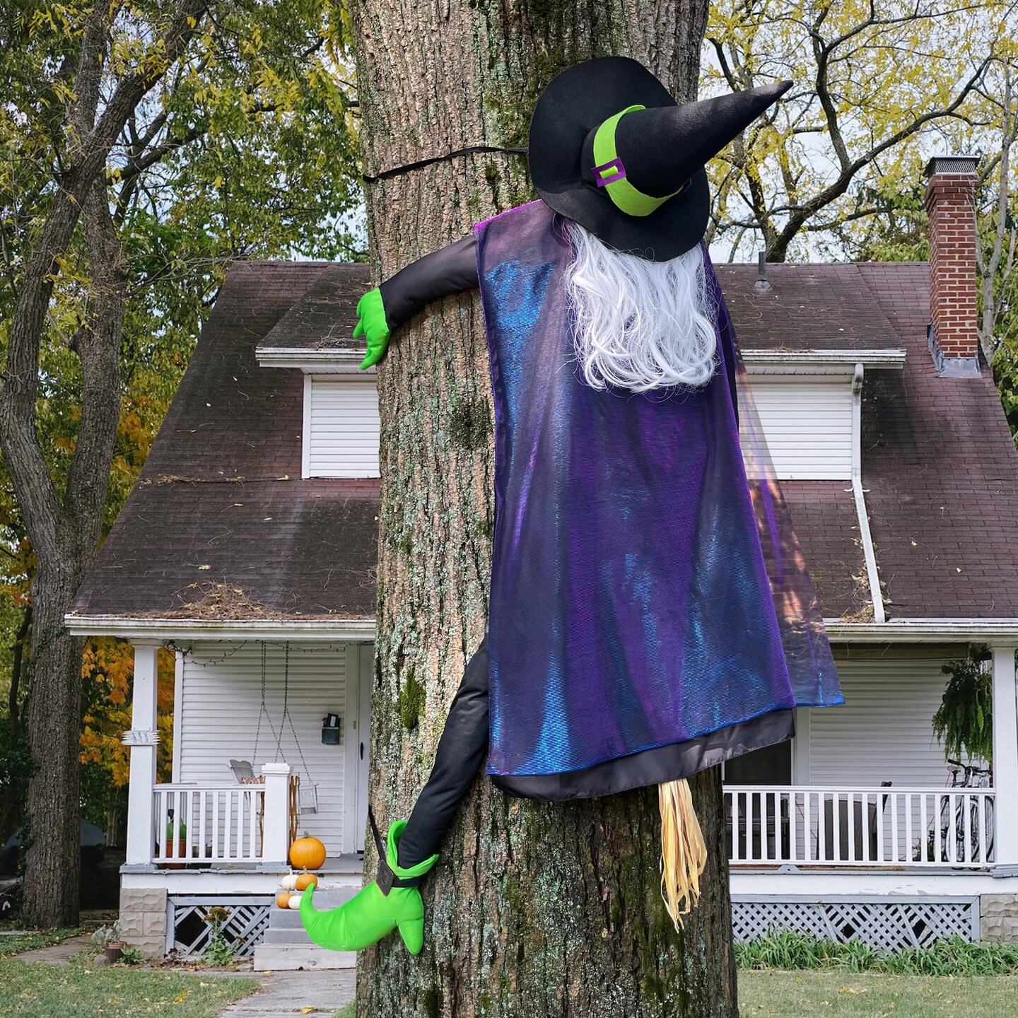 Crashing Witch into Tree Large Halloween Decor Outside, 64&#x22; Flying Witch Hitting Tree Halloween Decorations, Hanging Witches Halloween Outdoor Decor for Haunted House Prop, Porch, Yard,Tree Decoration