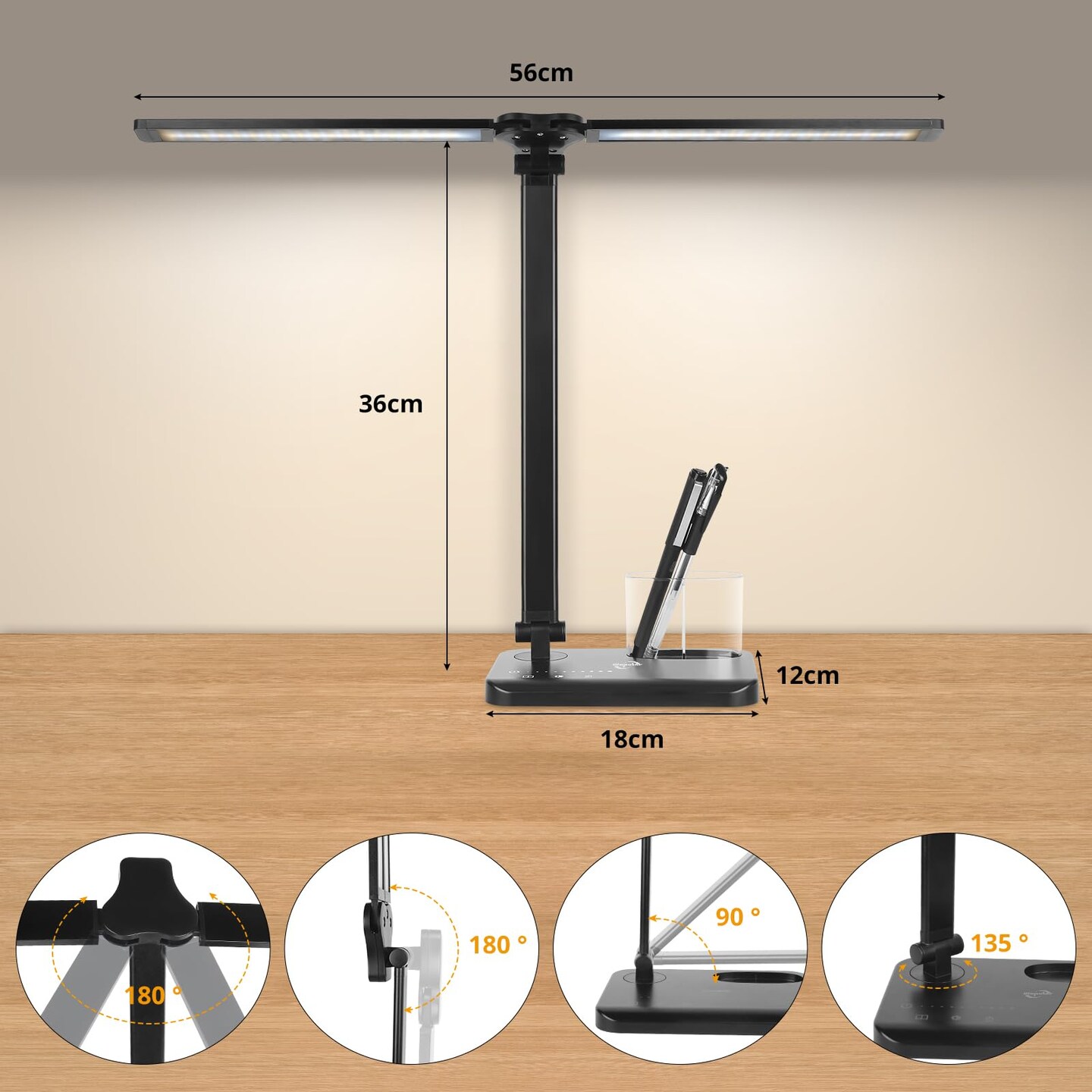 LED Desk Lamp with Dual Heads, 5 Color Modes &#x26; 10 Brightness Levels, Adjustable Reading Light for Home Office, Bedroom, Study, Craft (Black, Includes Adapter)