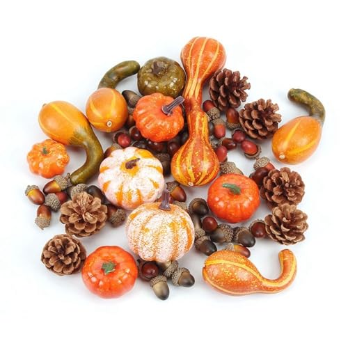 50 PCS Thanksgiving Fall Harvest Decor Set, 8 PCS Artificial Pumpkins,30 PCS Lifelike Maple Leaves,10pcs Realistic Acorn,2pcs Pine Cones,Halloween Wedding Tables Centerpieces  & Organizer Storage Tote Bag