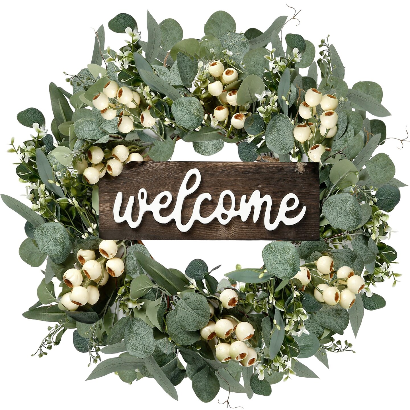 Green Artificial Eucalyptus Wreath with Welcome Sign 20in Spring Summer Wreath with White Berries for Front Door Wall Window Festival Porch Farmhouse Patio Garden Decor
