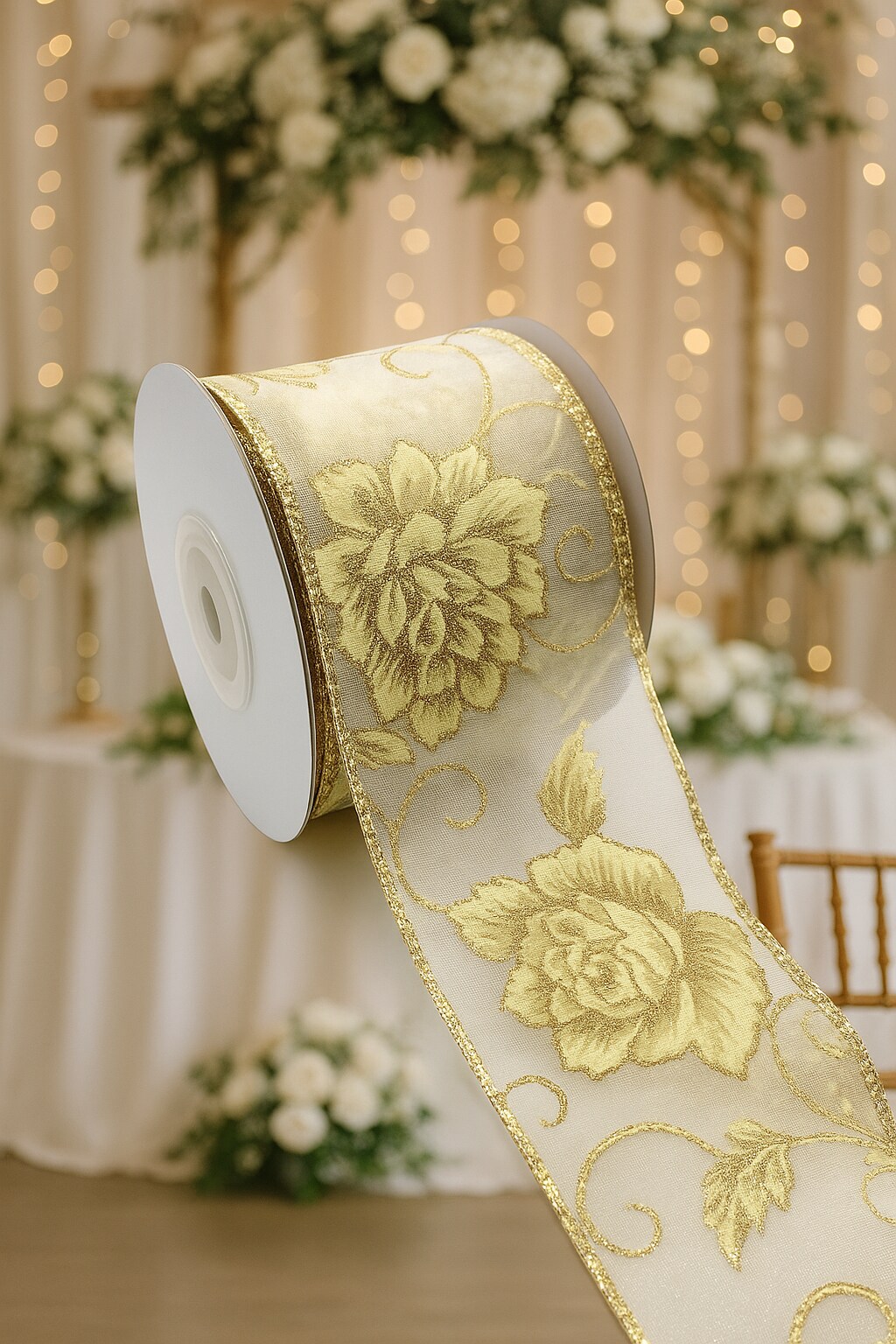 Designer&#x27;s Shop WR 63-5210 2.5&#x201D; x 10 yard Holiday Gold Wild Rose Floral on Sheer wired edge ribbons