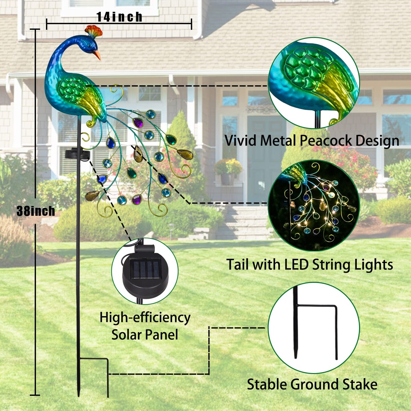 Metal Peacock Garden Solar Lights Outdoor Decorative Garden Stake Lights- Waterproof Peacock Solar Landscape LED Path Light Patio Yard Lawn Outside Decoration