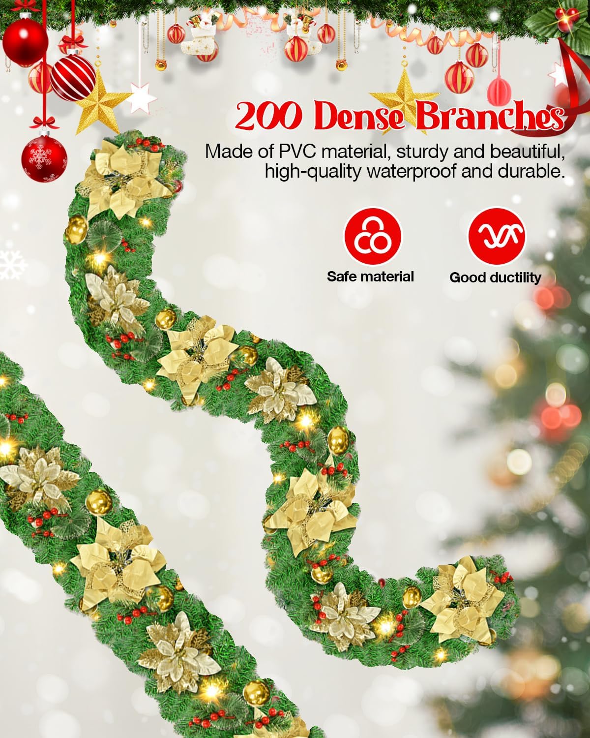 Christmas Garland, 9ft Pre-lit Christmas Decorations Garland with Lights for Front Door, Artificial Green Rattan, for Xmas Tree, Mantel Stairs Home Indoor Outdoor Christmas Decor Wreath (Gold)