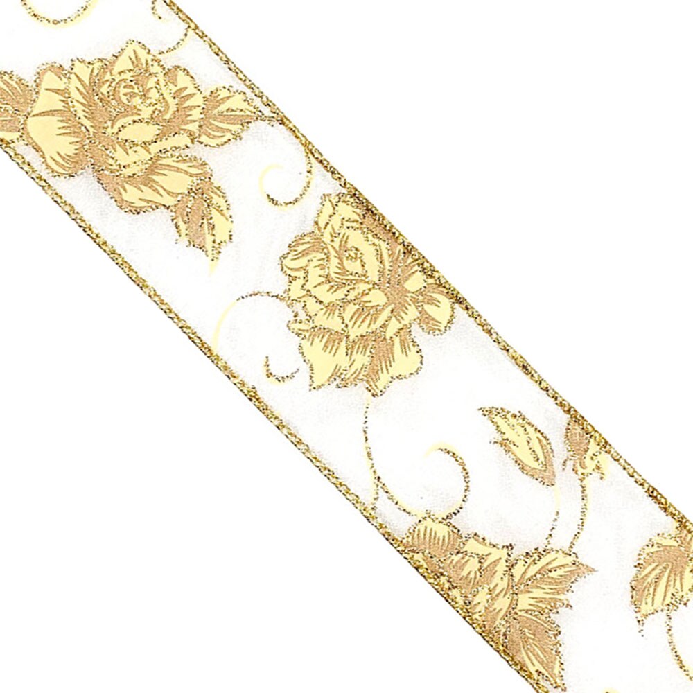Designer&#x27;s Shop WR 63-5210 2.5&#x201D; x 10 yard Holiday Gold Wild Rose Floral on Sheer wired edge ribbons