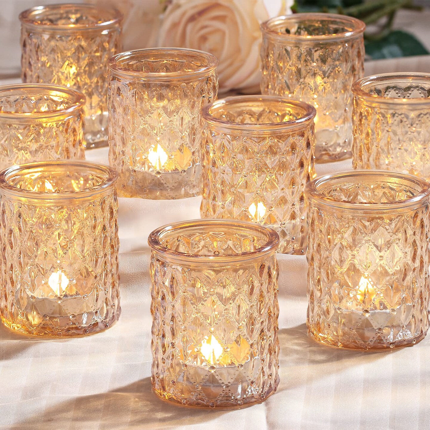 12pcs Gold Votive Candle Holders- Tealight Candle Holder for Table Centerpiece, Glass Candle Holder for Wedding Table Decor, Home Decor and Party Decor& Organizer Storage Tote Bag