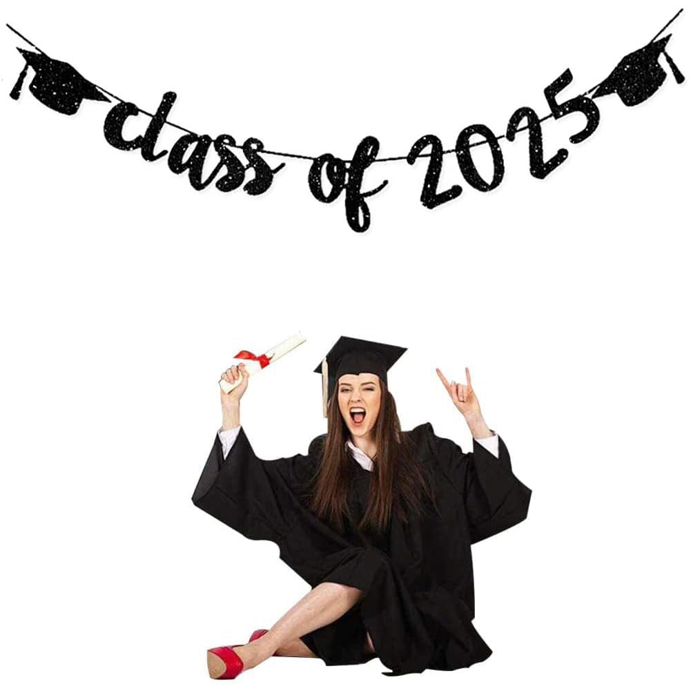 2025 Graduation Banners Party Decorations, Black Class of 2025 with Hat Graduation Banners Garland for Congratulation Graduations Party Supplies, School, Home, Car Decorations