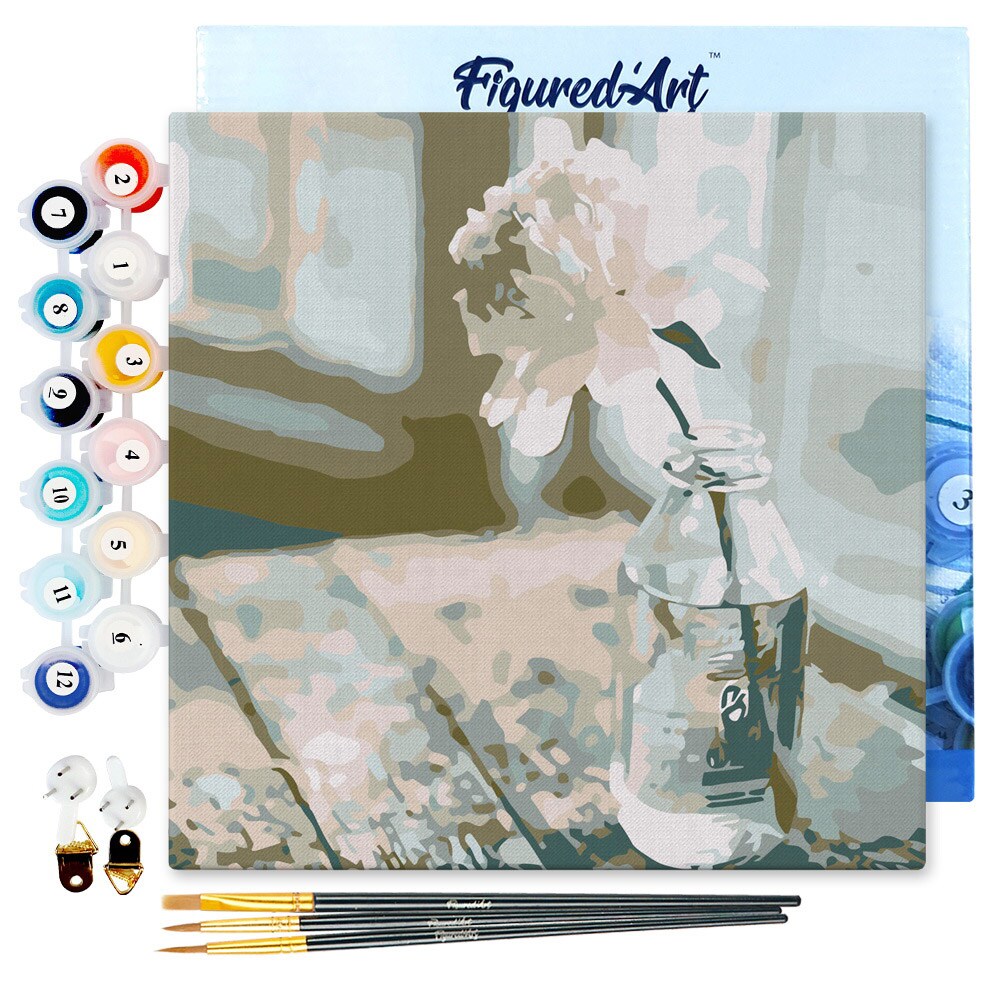 Figured&#x27;Art Mini Paint by Numbers Kit for Adults with Frame White Flower Small format 8&#x22;x8&#x22; - Craft Art Painting DIY Canvas Already Stretched on a Wooden Frame