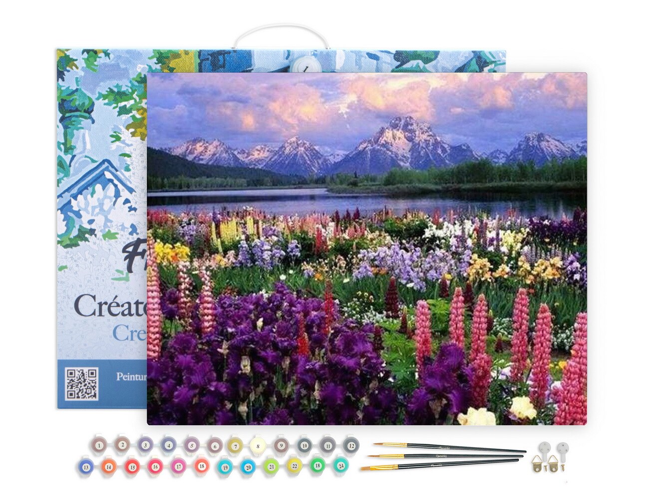 Figured'Art Paint by Numbers Kit for Adults with Frame Flowers and Lake near the Mountain 16"x20" - Craft Art Painting DIY Kit Canvas Already Stretched on a Wooden Frame