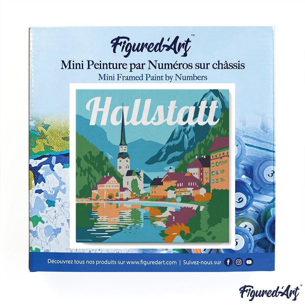 Figured&#x27;Art Mini Paint by Numbers Kit for Adults with Frame Travel Poster Hallstatt Small format 8&#x22;x8&#x22; - Craft Art Painting DIY Canvas Already Stretched on a Wooden Frame