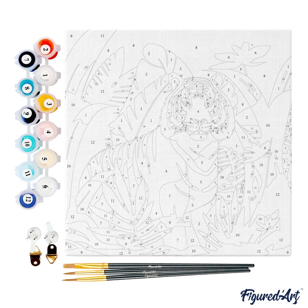 Figured'Art Mini Paint by Numbers Kit for Adults with Frame Tropical Bengal Tiger Small format 8"x8" - Craft Art Painting DIY Canvas Already Stretched on a Wooden Frame