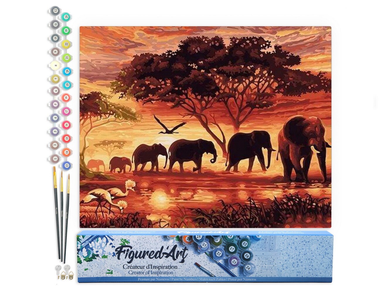 Figured&#x27;Art Paint by Numbers Kit for Adults Elephants at Sunset 16&#x22;x20&#x22; - Craft Art Painting DIY Kit Rolled Canvas without frame
