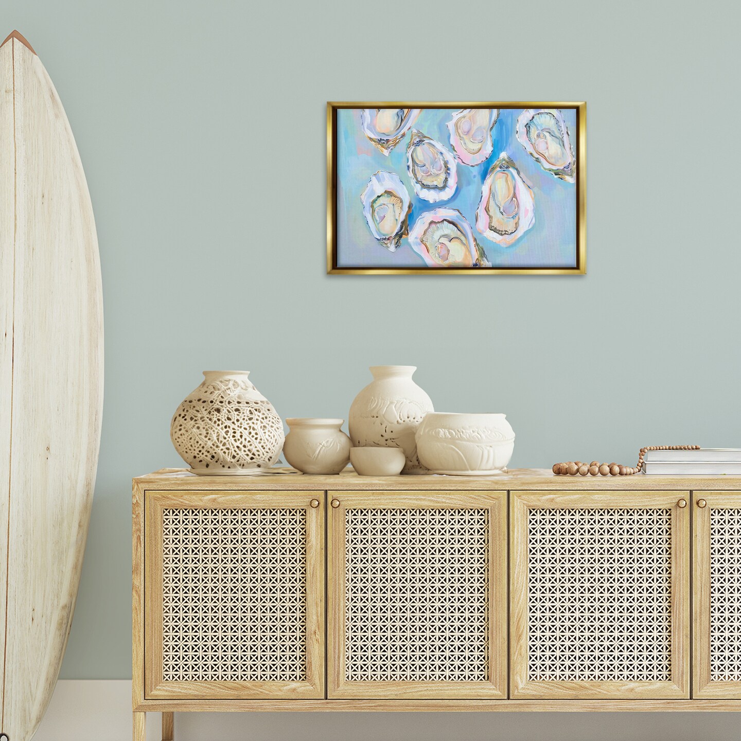 Stupell Industries Pastel Oysters on Blue Floater Framed Canvas Wall Art Design by Arlington Prints