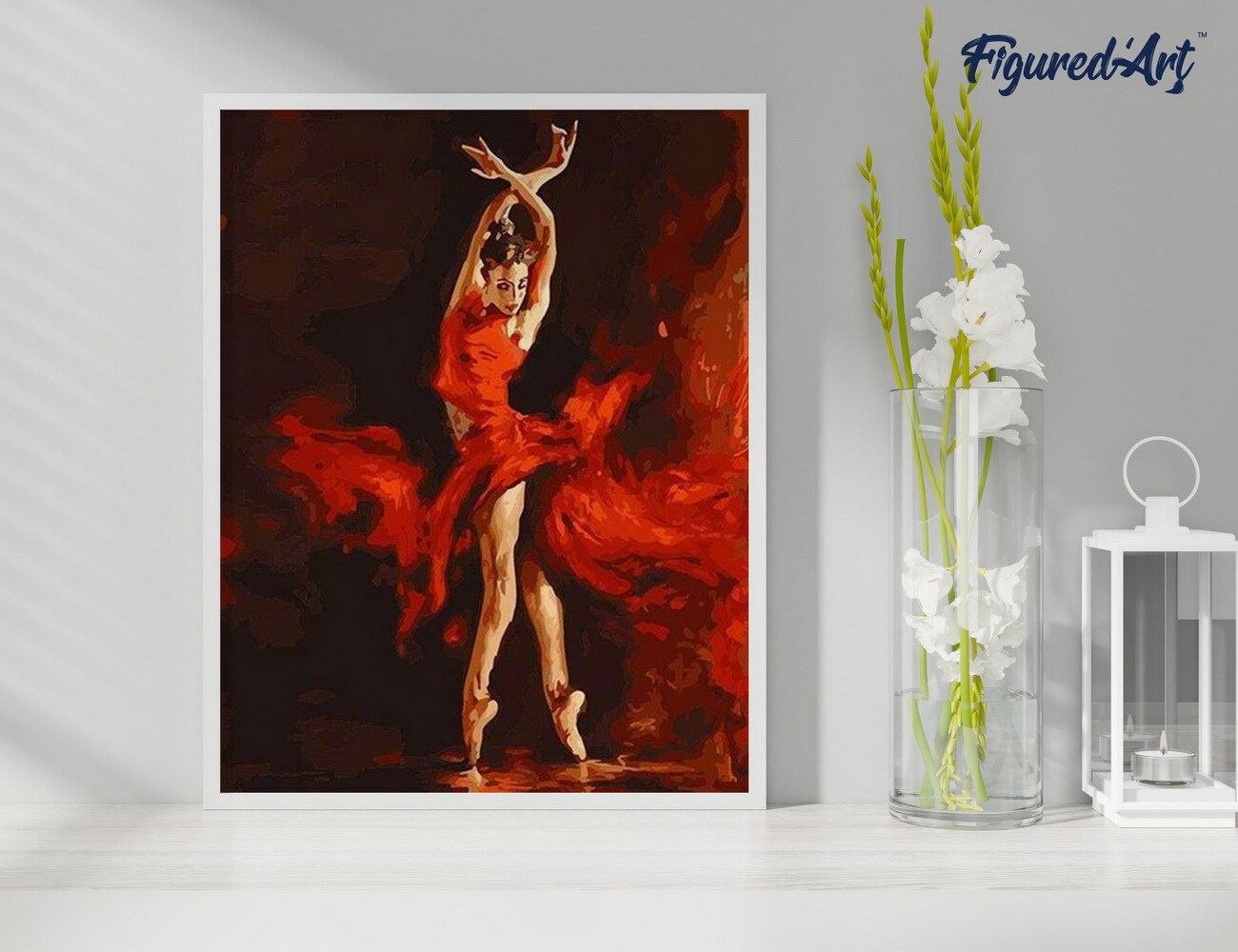 Figured'Art Paint by Numbers Kit for Adults with Frame Magical Red Dancer 16"x20" - Craft Art Painting DIY Kit Canvas Already Stretched on a Wooden Frame