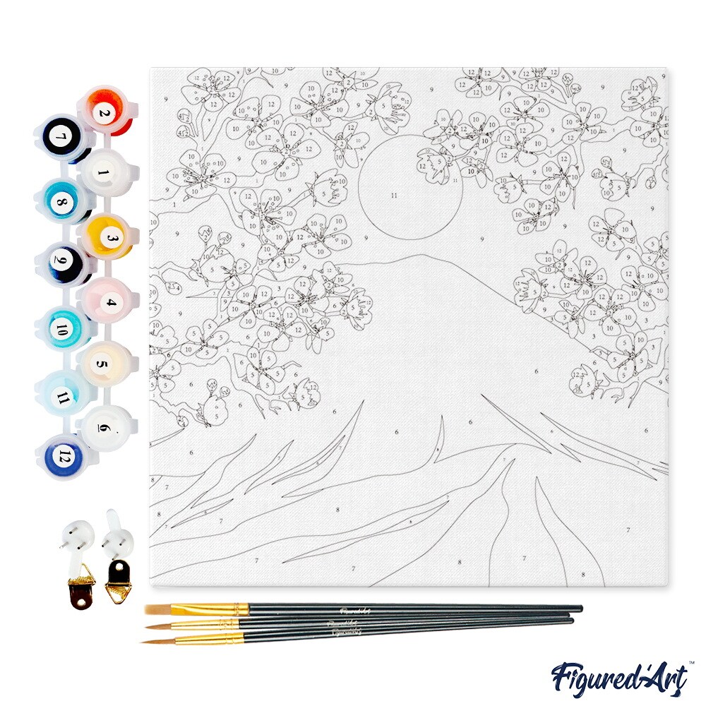 Figured'Art Mini Paint by Numbers Kit for Adults with Frame Cherry blossom and Mount Fuji Small format 8"x8" - Craft Art Painting DIY Canvas Already Stretched on a Wooden Frame