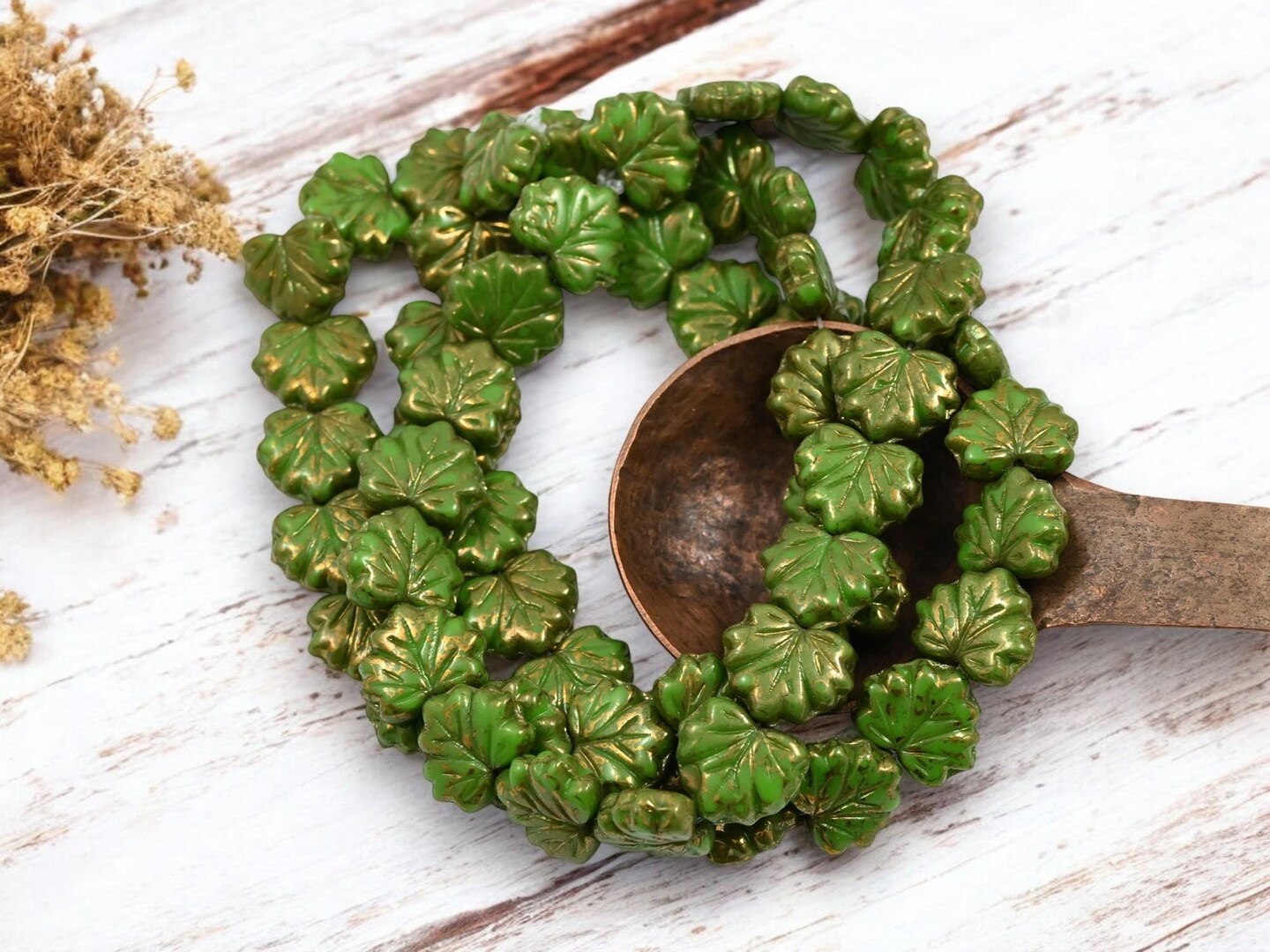 *20* 10x13mm Gold Lustered Olive Green Maple Leaf Beads