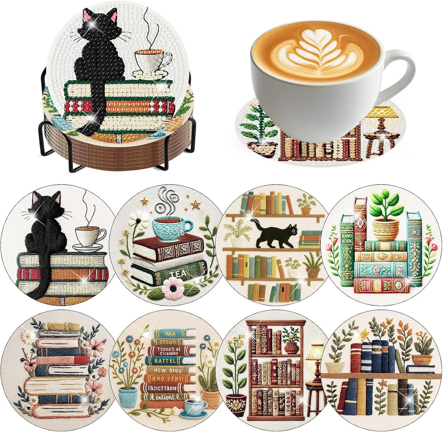 8 Pcs Bookshelf Diamond Art Coasters Kit – 5D DIY Book-Themed Diamond ...