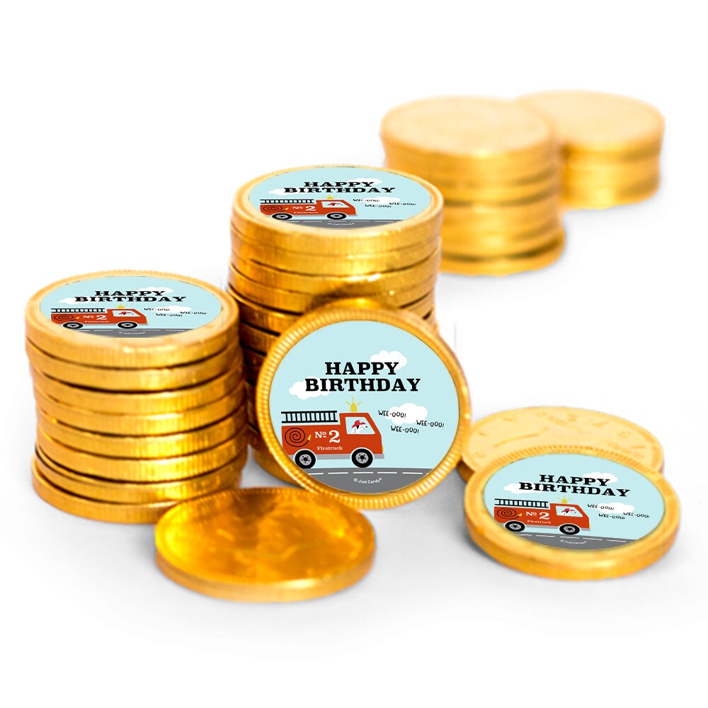 80 Pcs Fire Truck Kid's Birthday Candy Party Favors Chocolate Coins with Gold Foil
