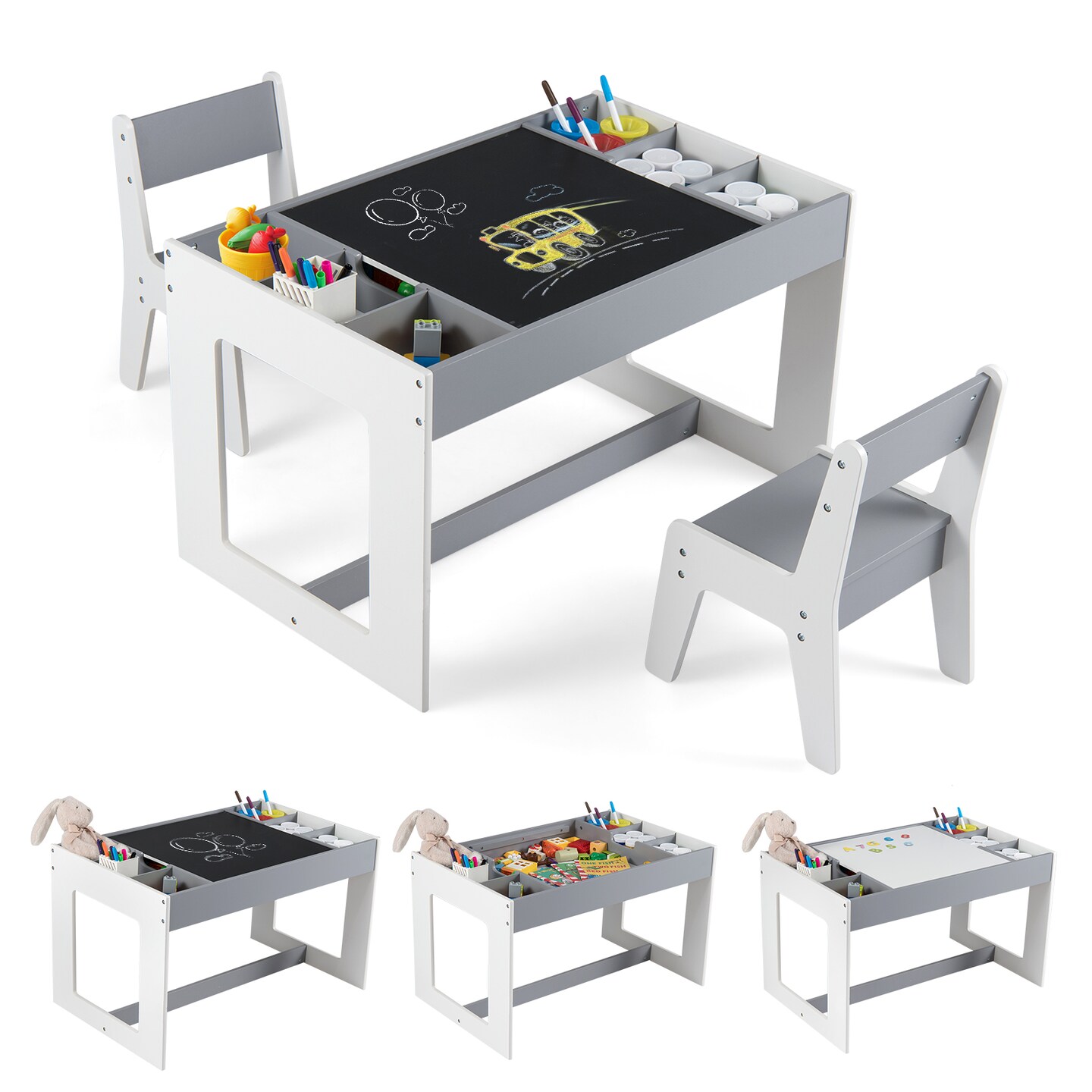 MDF Kids Table and Chairs Set Grey White Storage Compartments 3+ Years