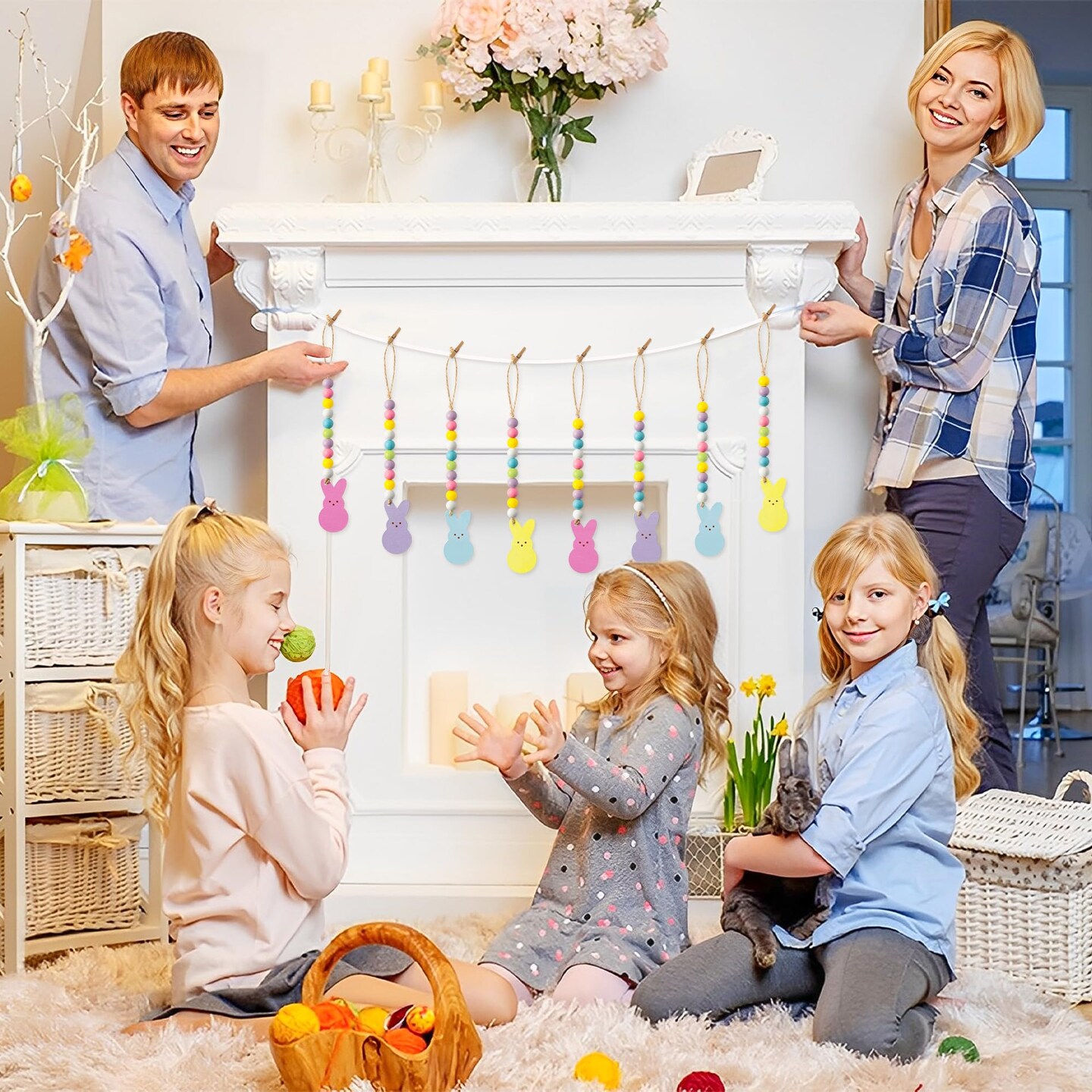 8pcs Easter Wood Bead Garland with Tassels, Peeps Bunny Wooden Hanging Ornament Decoration, Double-Sided Colorful Rabbit Pendant Hang Decor with Rope for Easter Spring Holiday Party Tree Wall