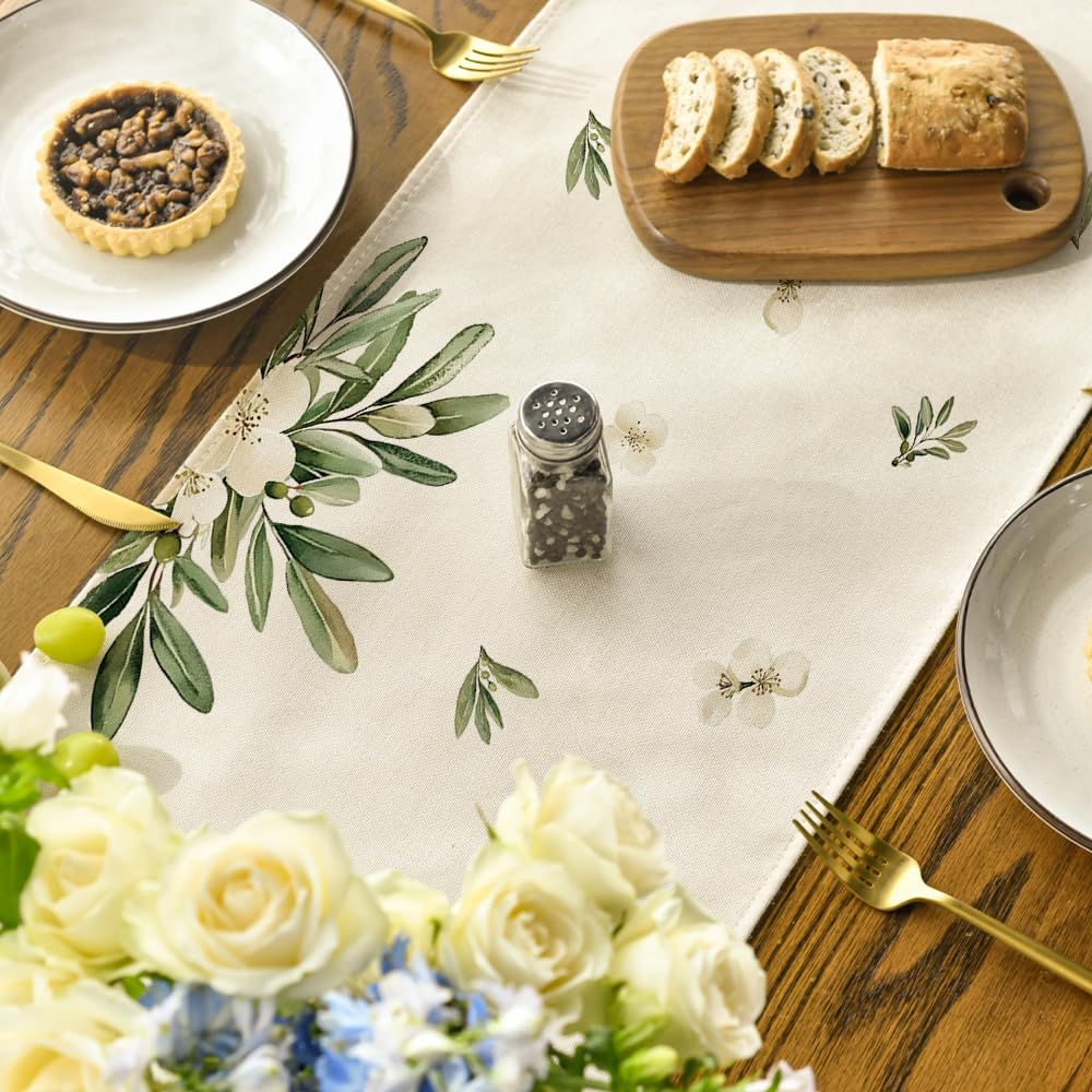 Cross Olive Leaves Spring Table Runner,Seasonal Summer Easter Kitchen Dining Table Decoration for Home Party Decor 13x72 Inch